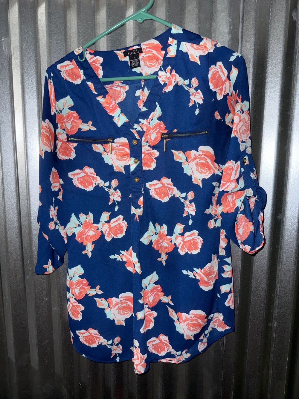 Rue21 Navy Floral Roll-Tab Blouse with Coral Roses